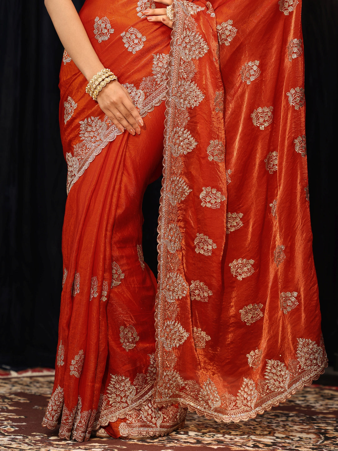 Libas Burnt Orange Floral Embellished Tissue Saree