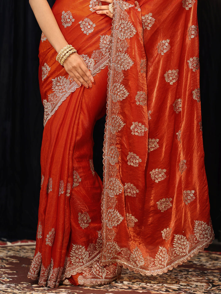 Libas Burnt Orange Floral Embellished Tissue Saree