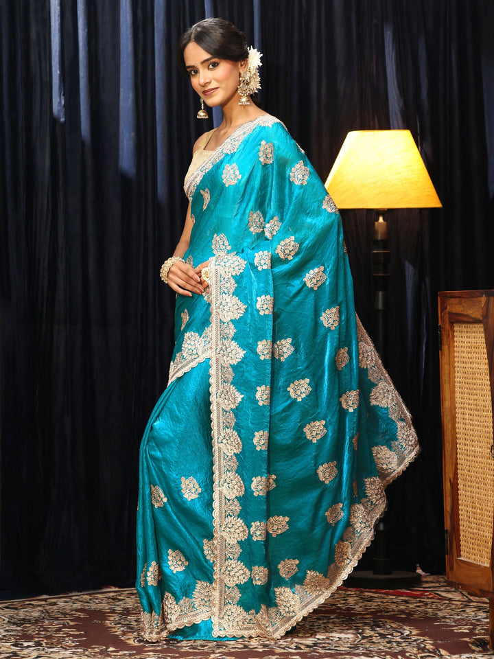 Libas Turquoise Blue Floral Embellished Tissue Saree
