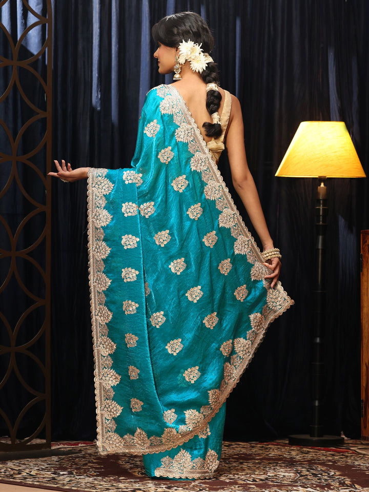 Libas Turquoise Blue Floral Embellished Tissue Saree