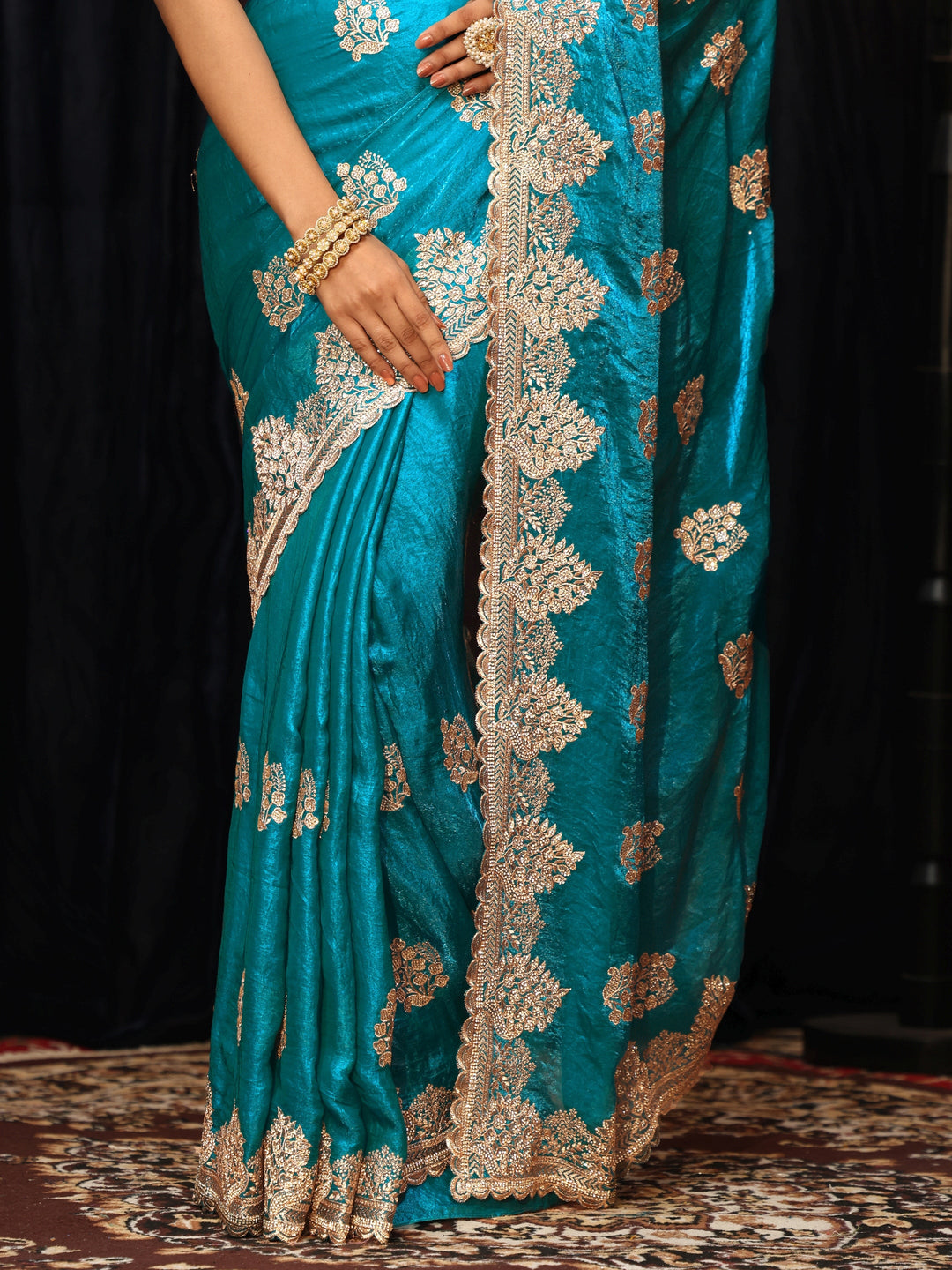 Libas Turquoise Blue Floral Embellished Tissue Saree