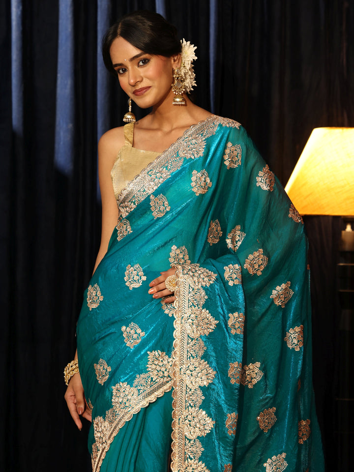 Libas Turquoise Blue Floral Embellished Tissue Saree