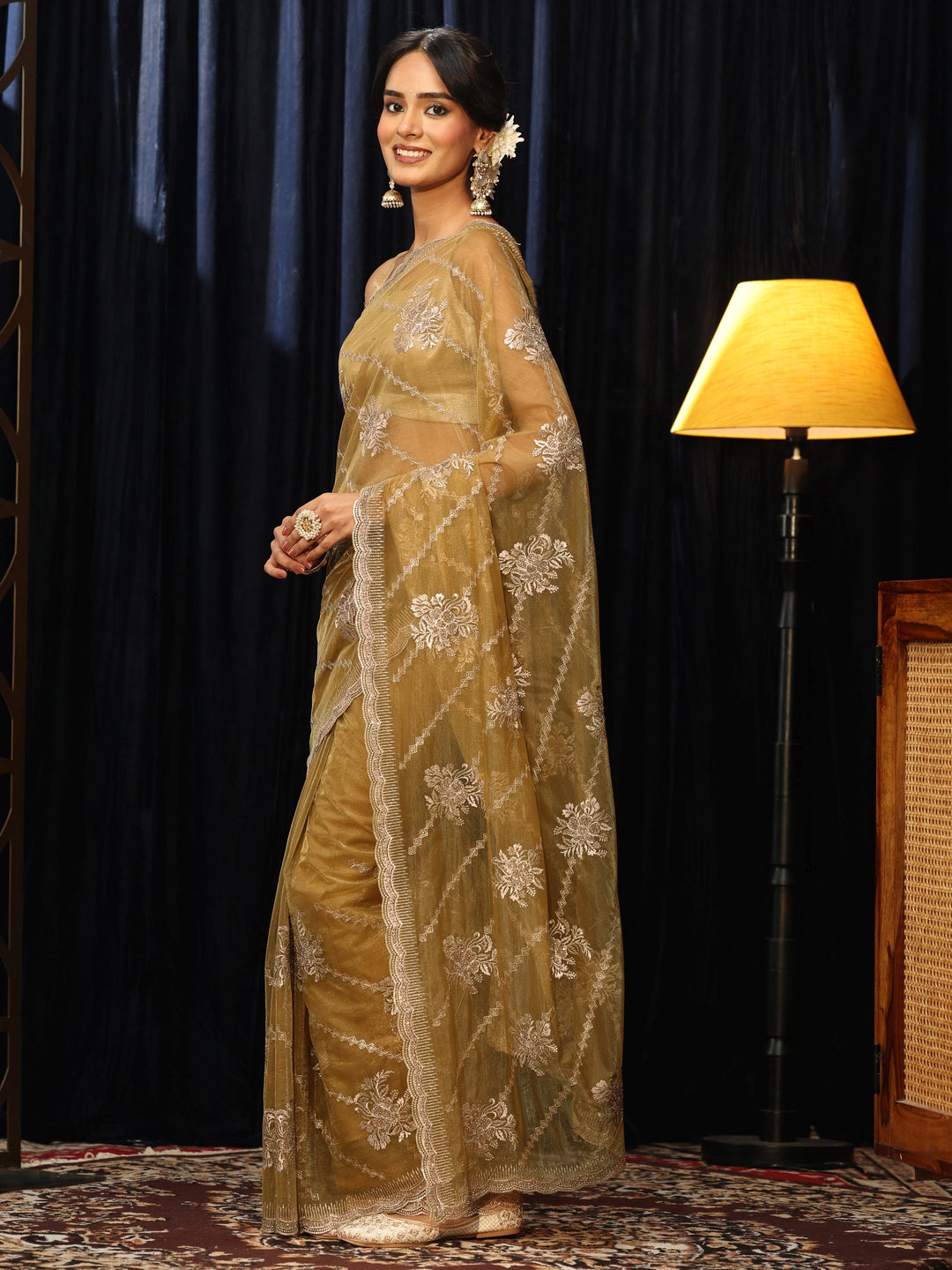 Libas Butter Yellow Floral Embellished Net Saree