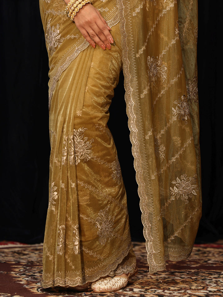 Libas Butter Yellow Floral Embellished Net Saree
