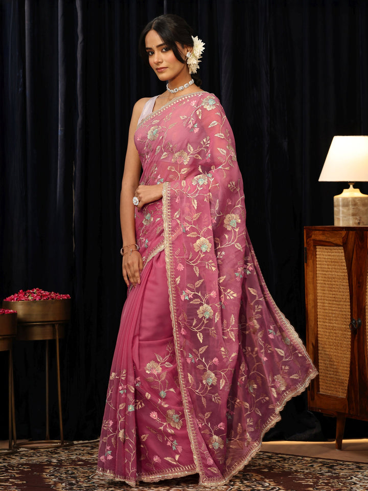 Libas Bubblegum Pink Embroidered Chiffon Saree