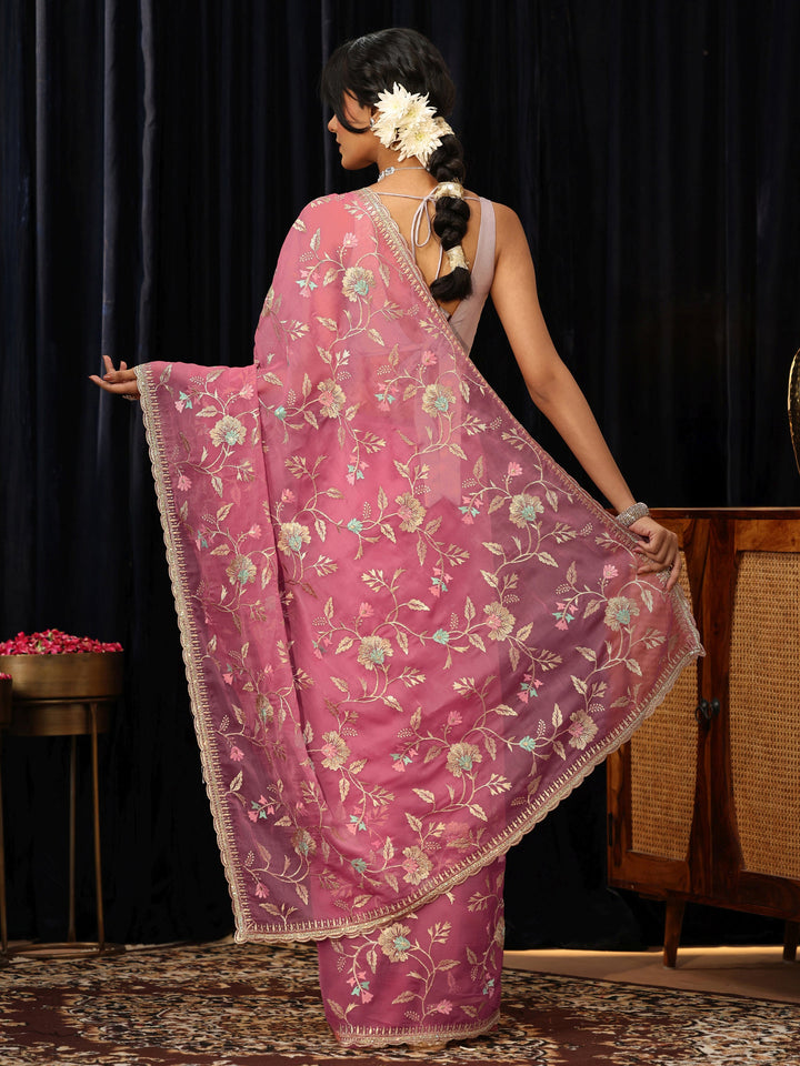Libas Bubblegum Pink Embroidered Chiffon Saree