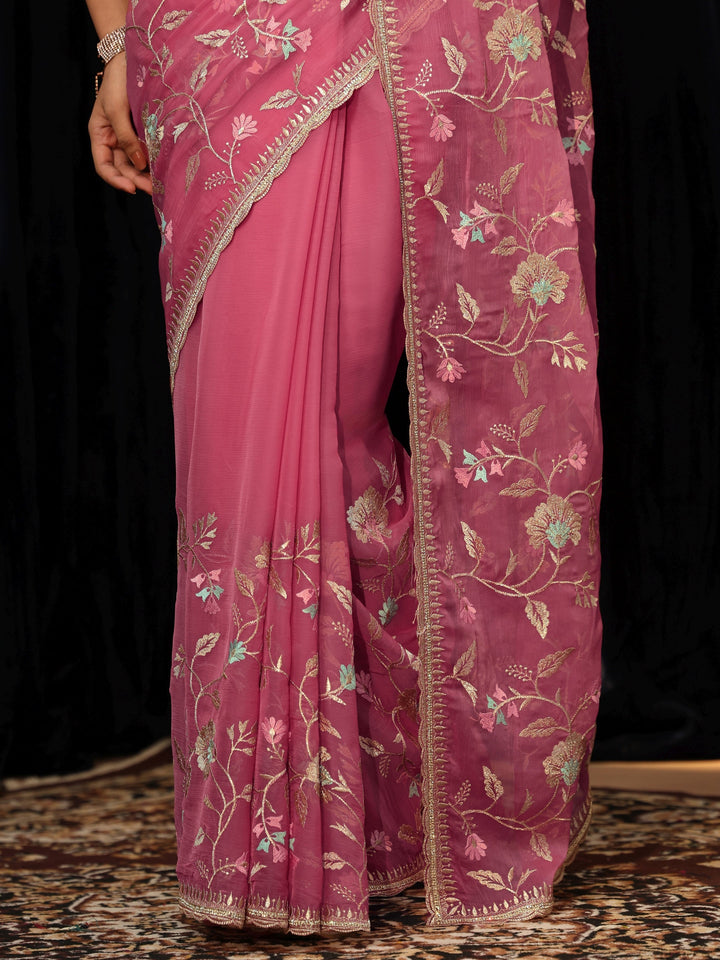 Libas Bubblegum Pink Embroidered Chiffon Saree