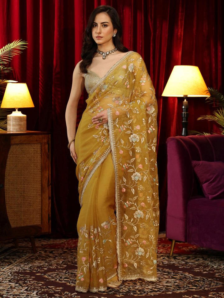 Libas Mustard Floral Embroidered Chiffon Saree