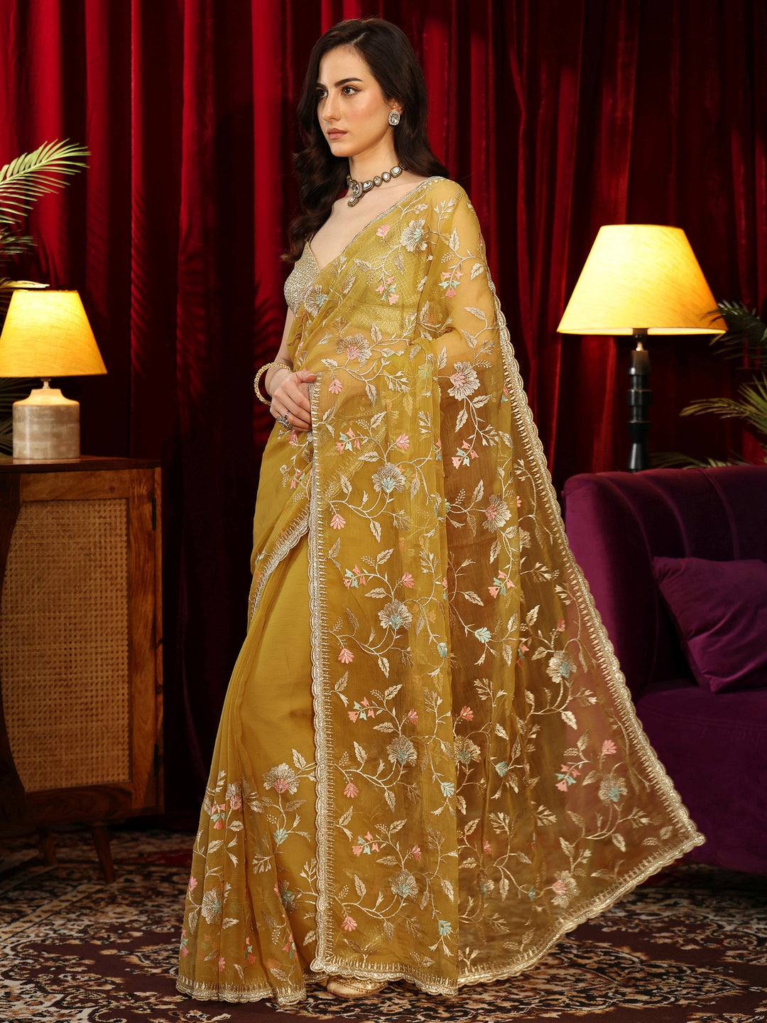 Libas Mustard Floral Embroidered Chiffon Saree