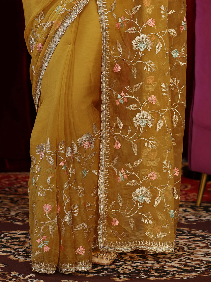 Libas Mustard Floral Embroidered Chiffon Saree