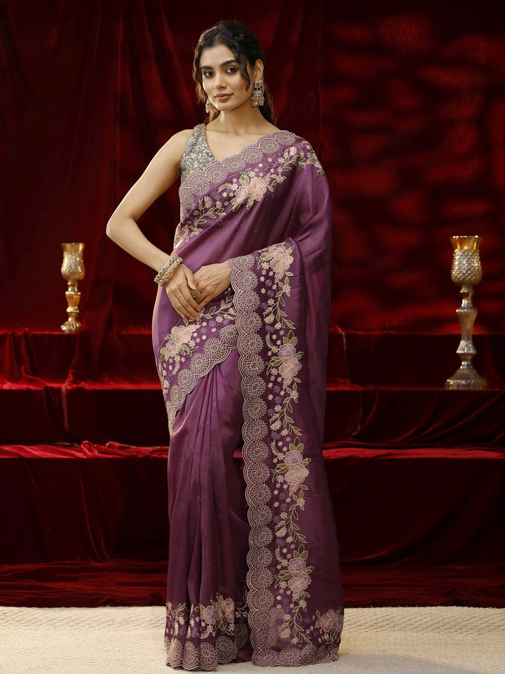 Libas Mauve Solid Net Saree