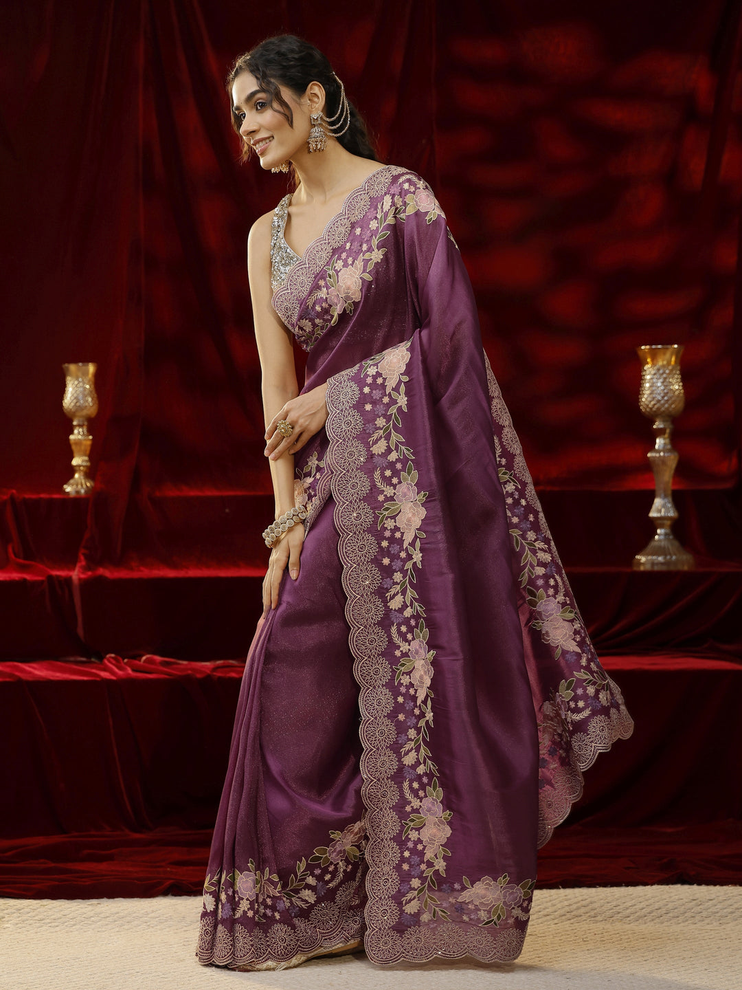 Libas Mauve Solid Net Saree