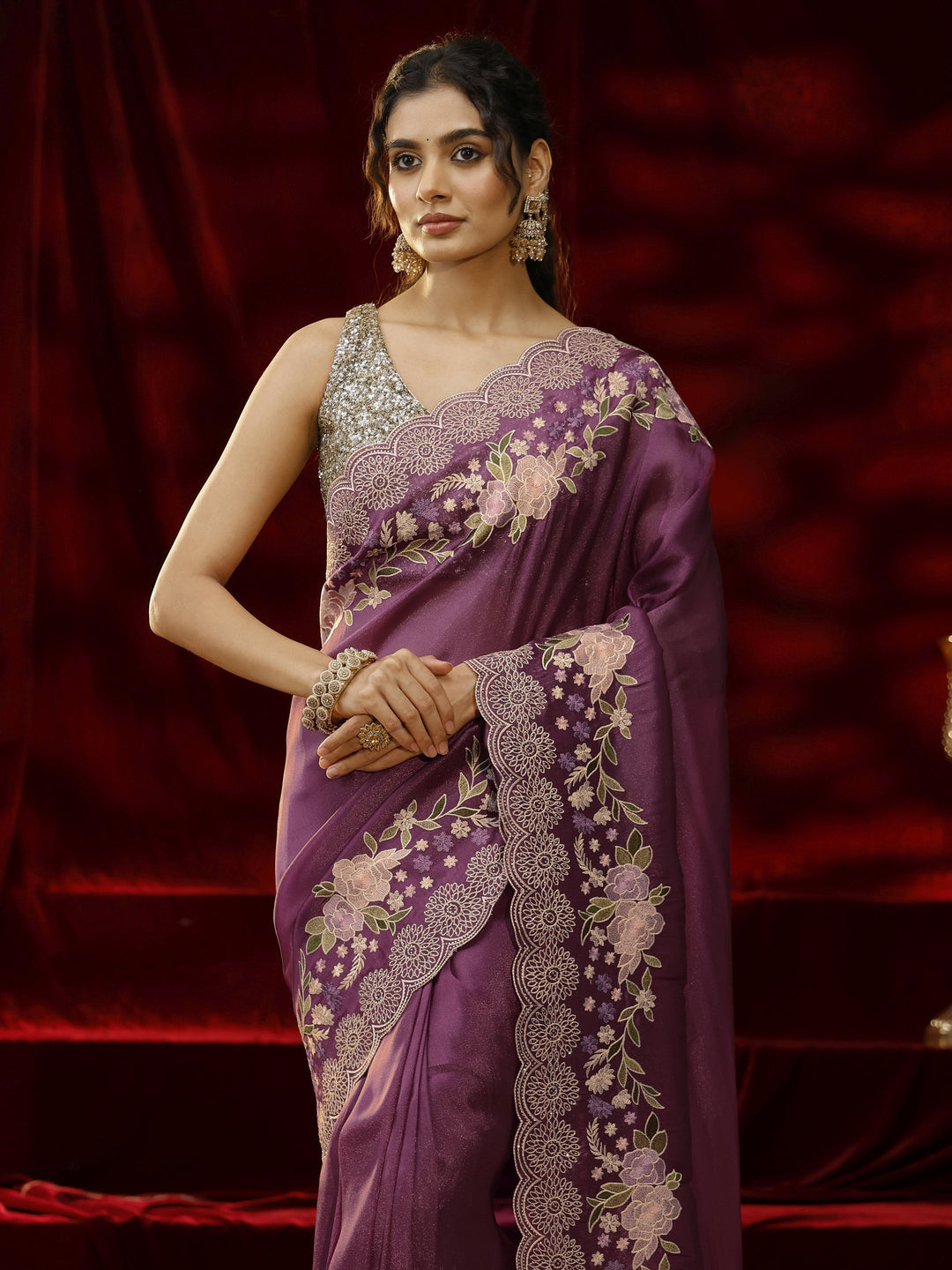 Libas Mauve Solid Net Saree