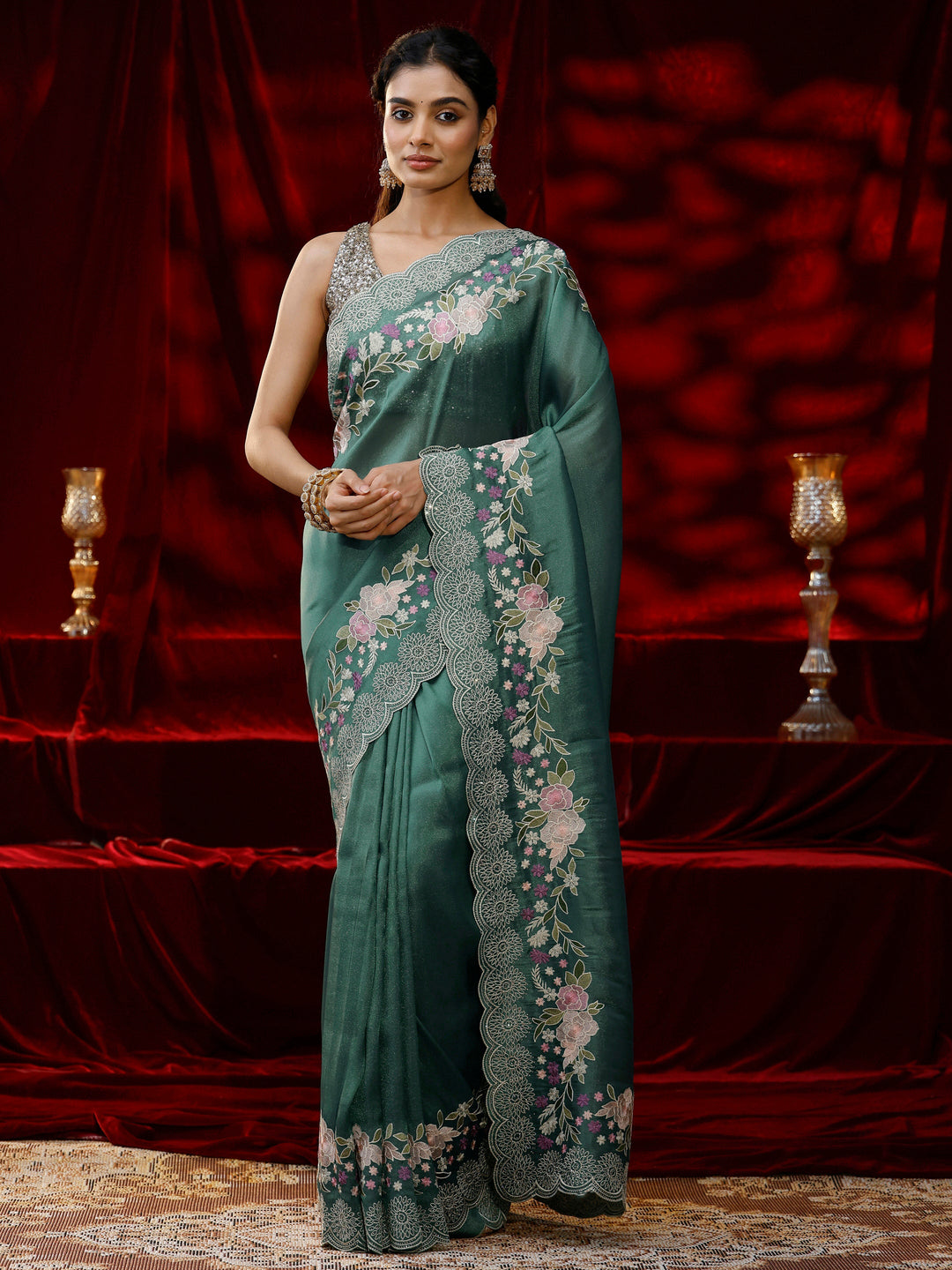 Libas Green Solid Net Saree