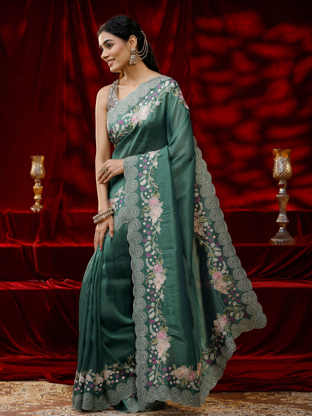 Libas Green Solid Net Saree