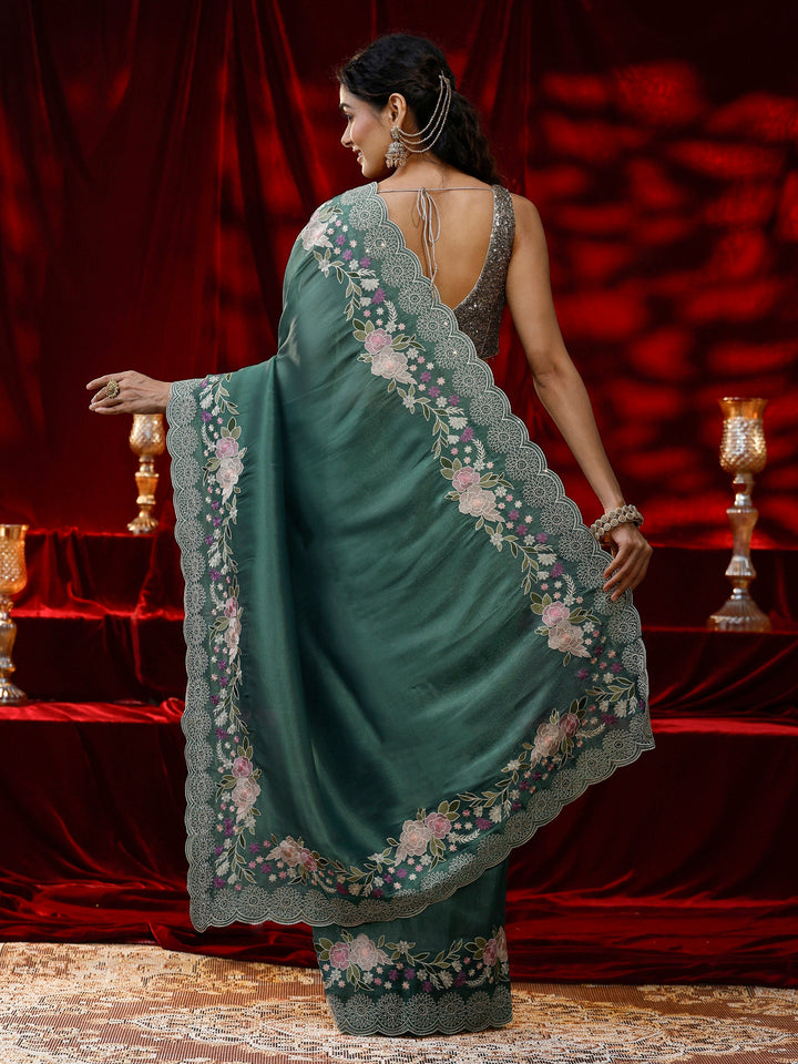 Libas Green Solid Net Saree