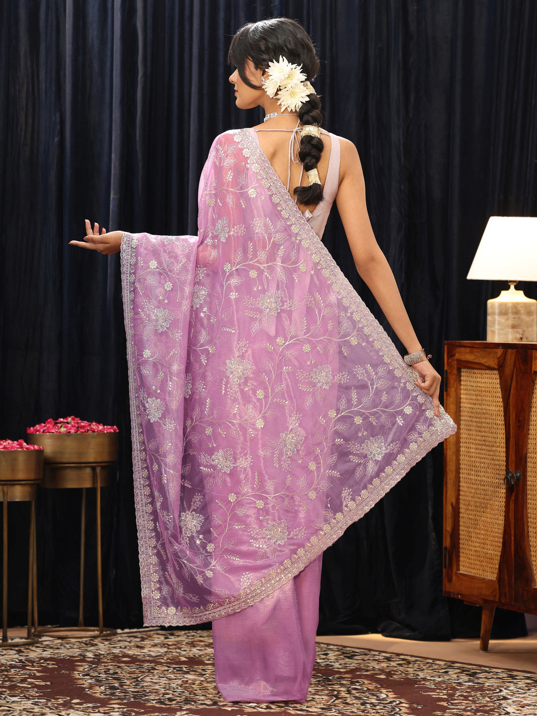 Libas Lilac Floral Embellished Net Saree