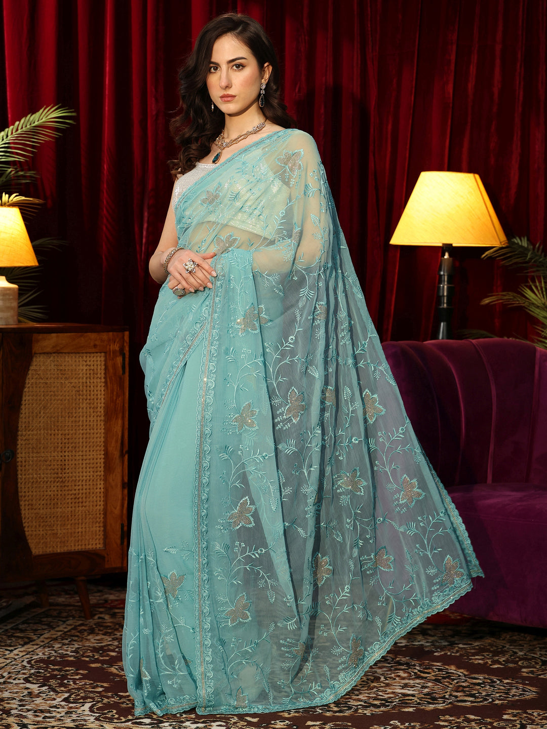 Libas Sky Blue Floral Embellished Chiffon Saree