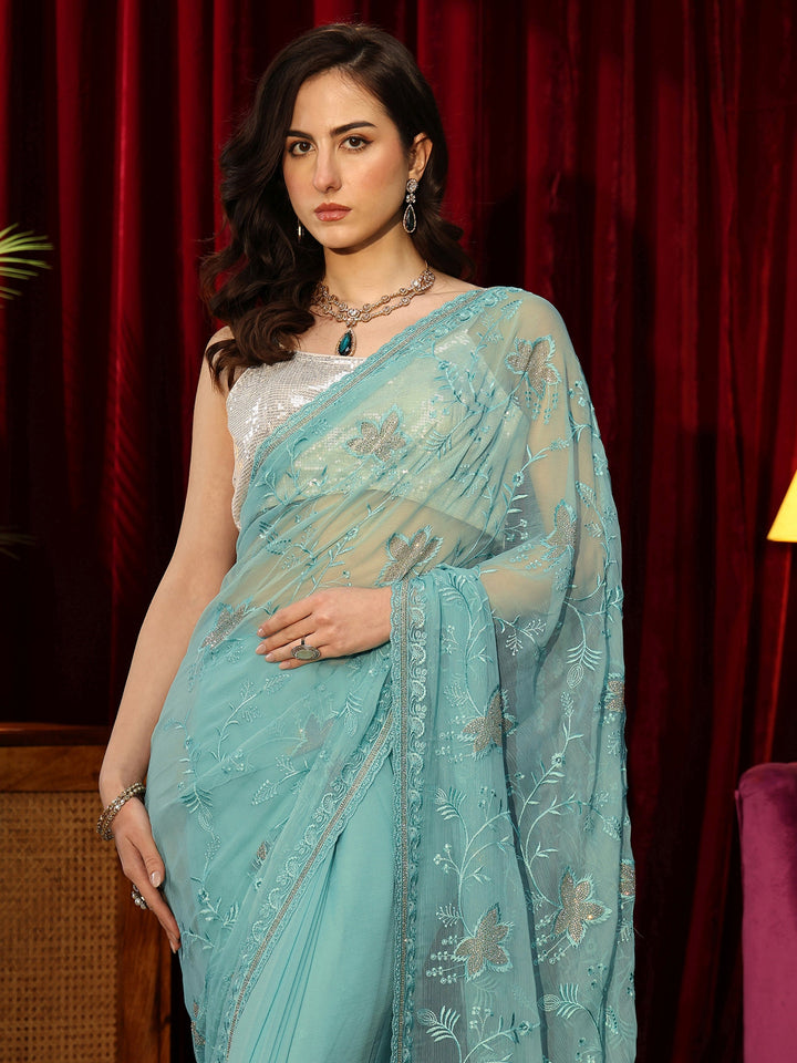 Libas Sky Blue Floral Embellished Chiffon Saree