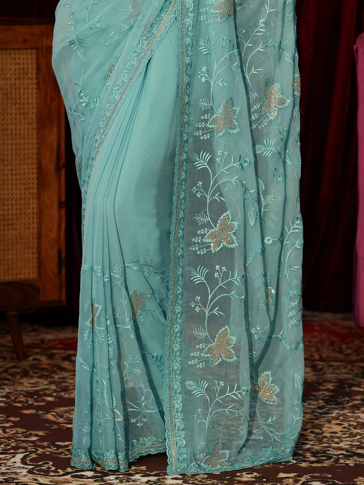 Libas Sky Blue Floral Embellished Chiffon Saree