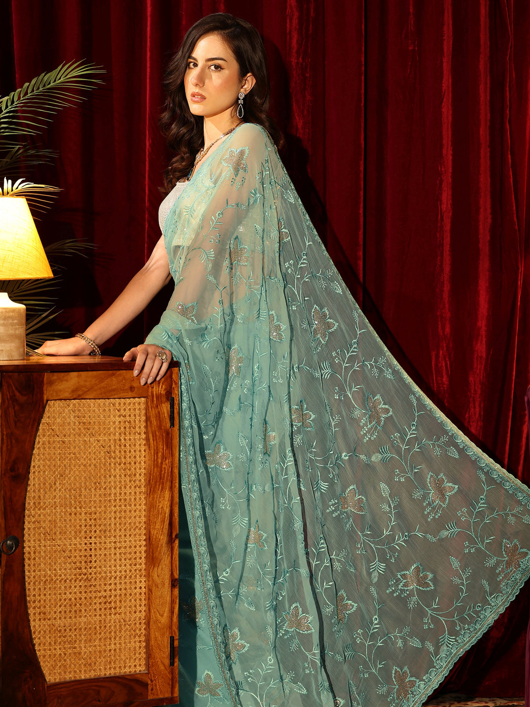Libas Sky Blue Floral Embellished Chiffon Saree