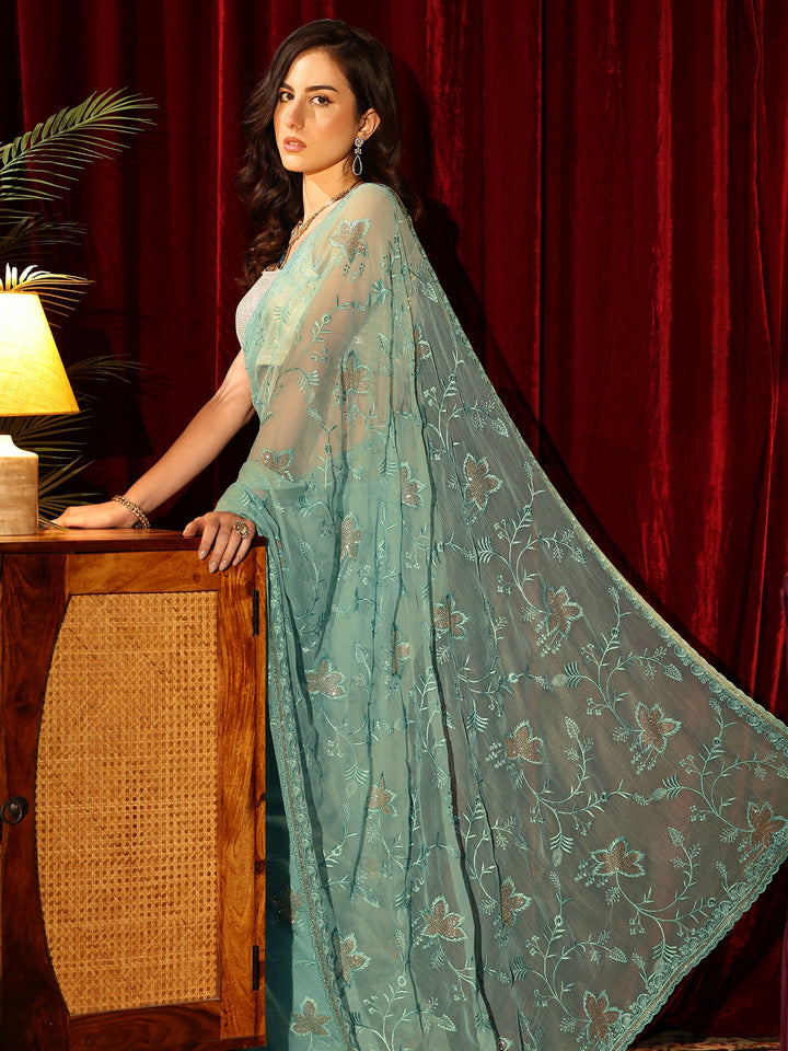 Libas Sky Blue Floral Embellished Chiffon Saree