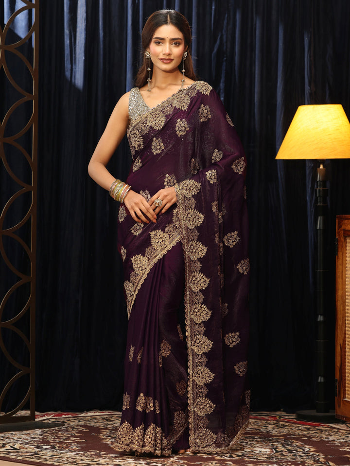 Libas Burgundy Floral Embellished Tissue Saree
