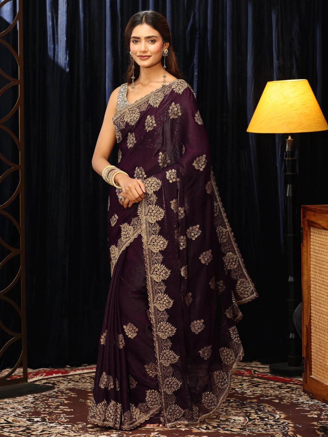 Libas Burgundy Floral Embellished Tissue Saree
