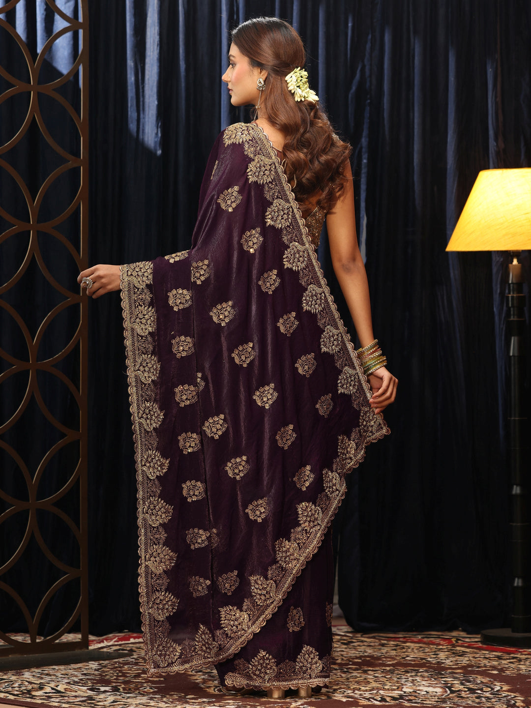 Libas Burgundy Floral Embellished Tissue Saree