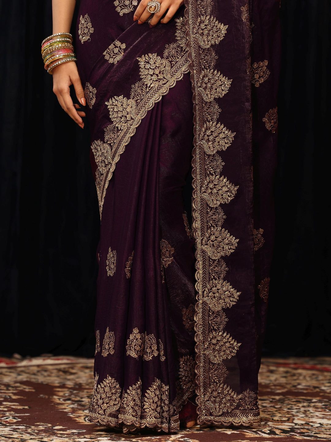 Libas Burgundy Floral Embellished Tissue Saree