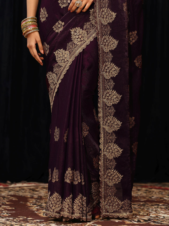 Libas Burgundy Floral Embellished Tissue Saree