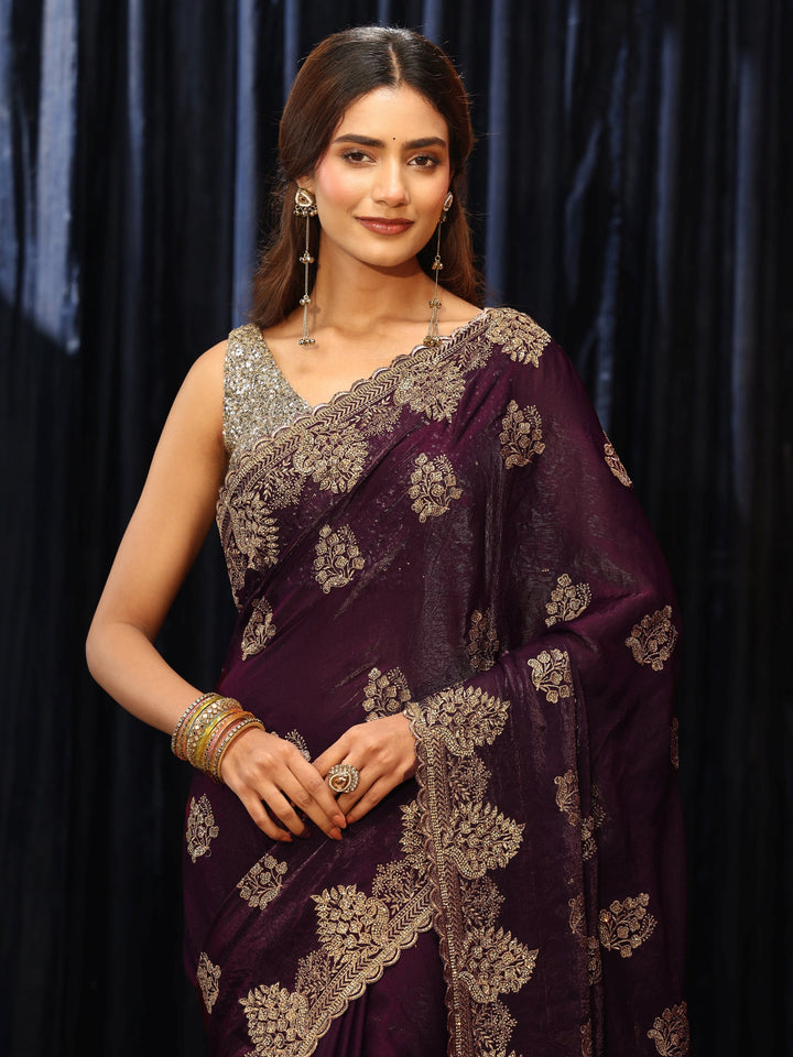 Libas Burgundy Floral Embellished Tissue Saree