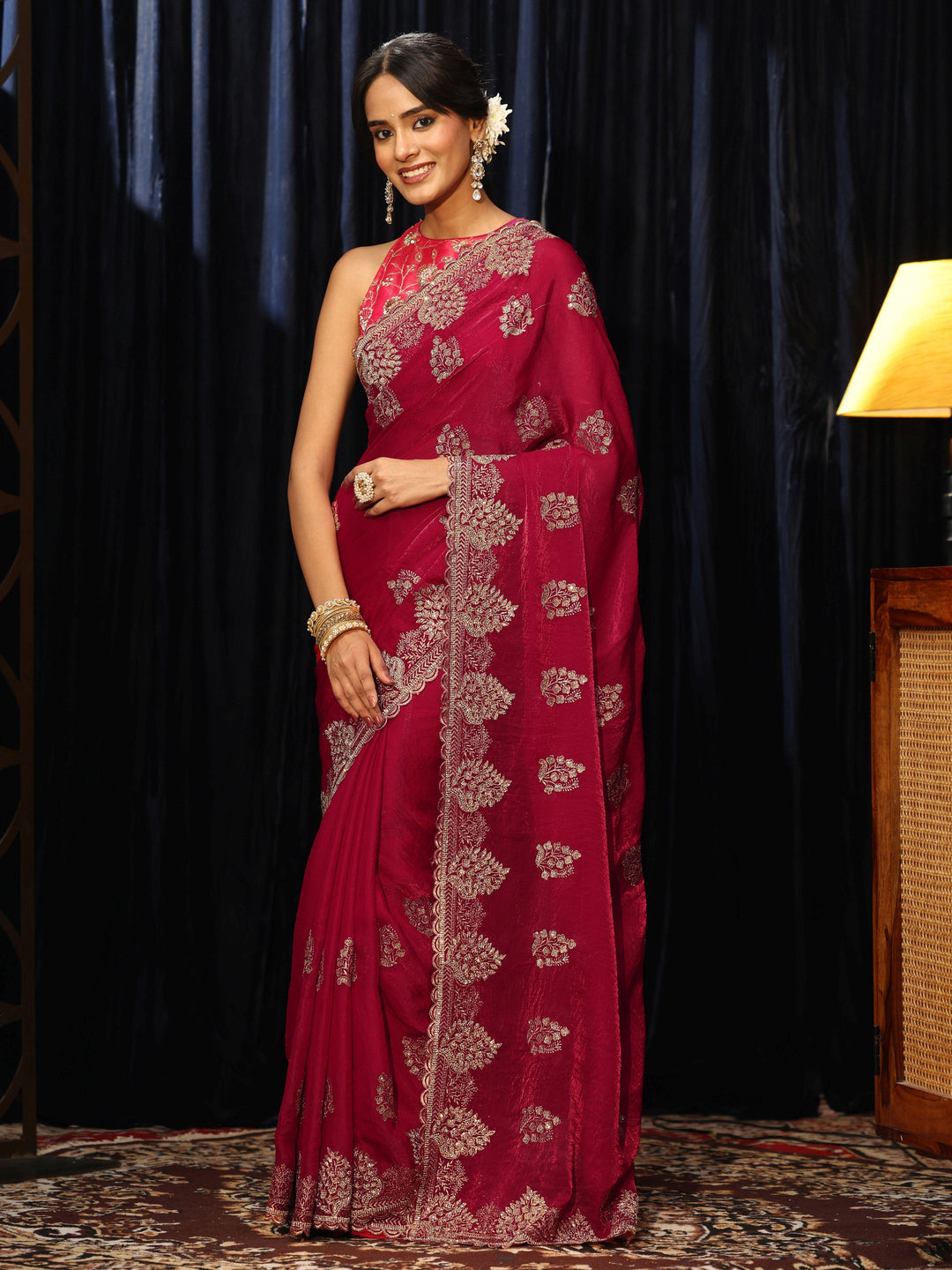 Libas Rose Red Floral Embellished Tissue Saree
