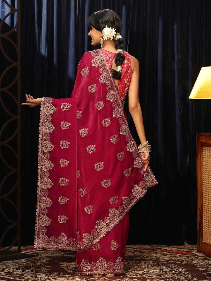 Libas Rose Red Floral Embellished Tissue Saree