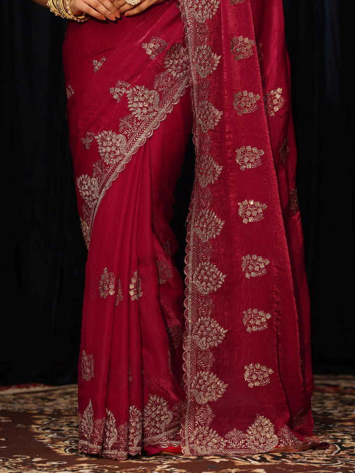 Libas Rose Red Floral Embellished Tissue Saree