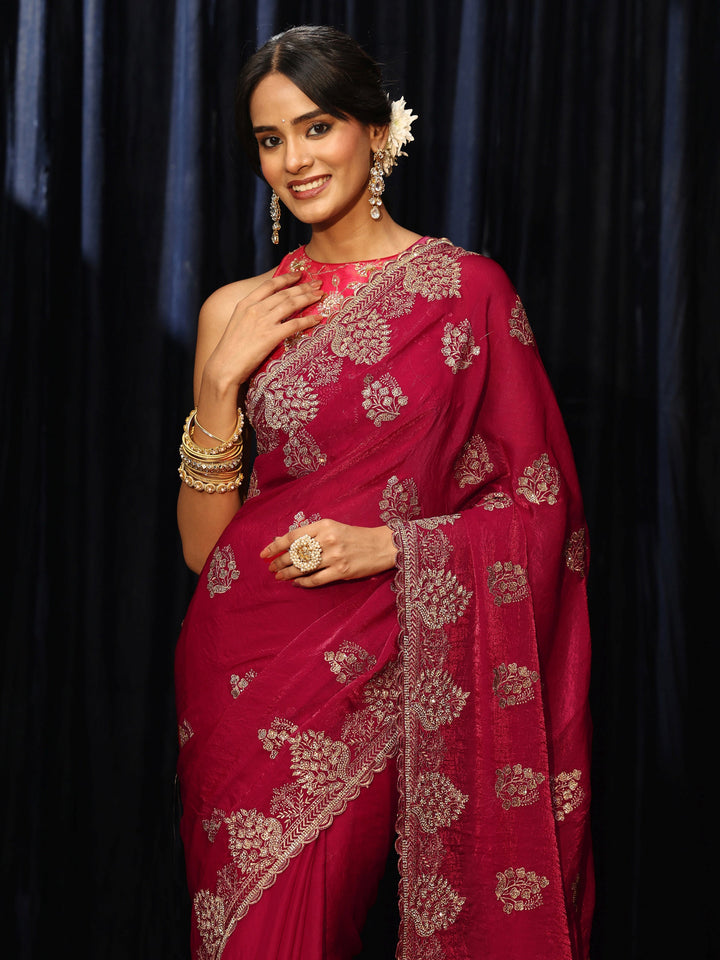 Libas Rose Red Floral Embellished Tissue Saree