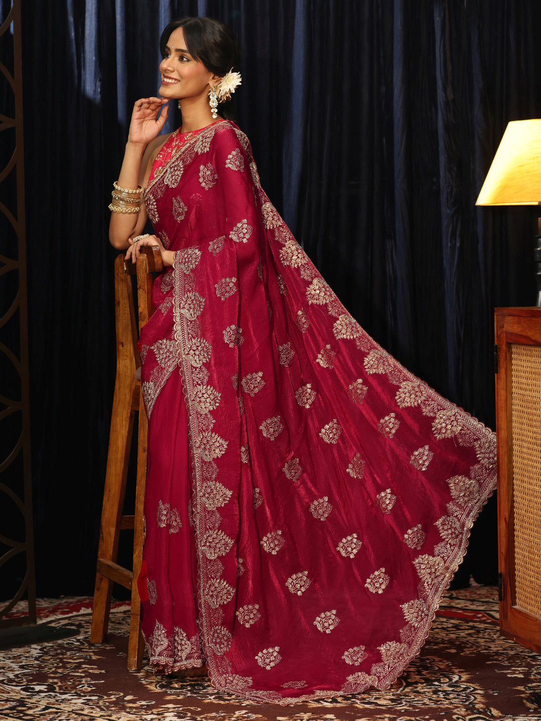 Libas Rose Red Floral Embellished Tissue Saree