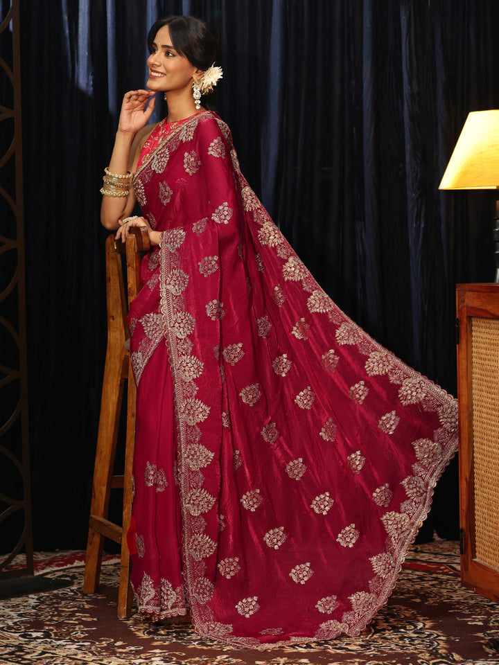 Libas Rose Red Floral Embellished Tissue Saree