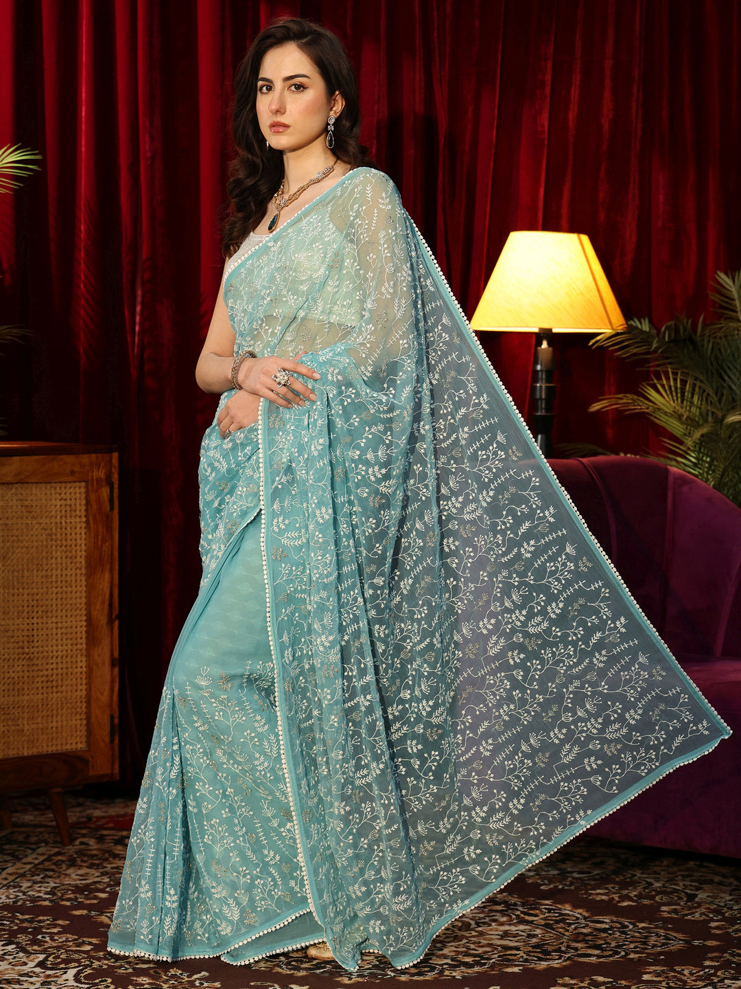 Libas Ocean Blue Floral Embroidered Chiffon Saree