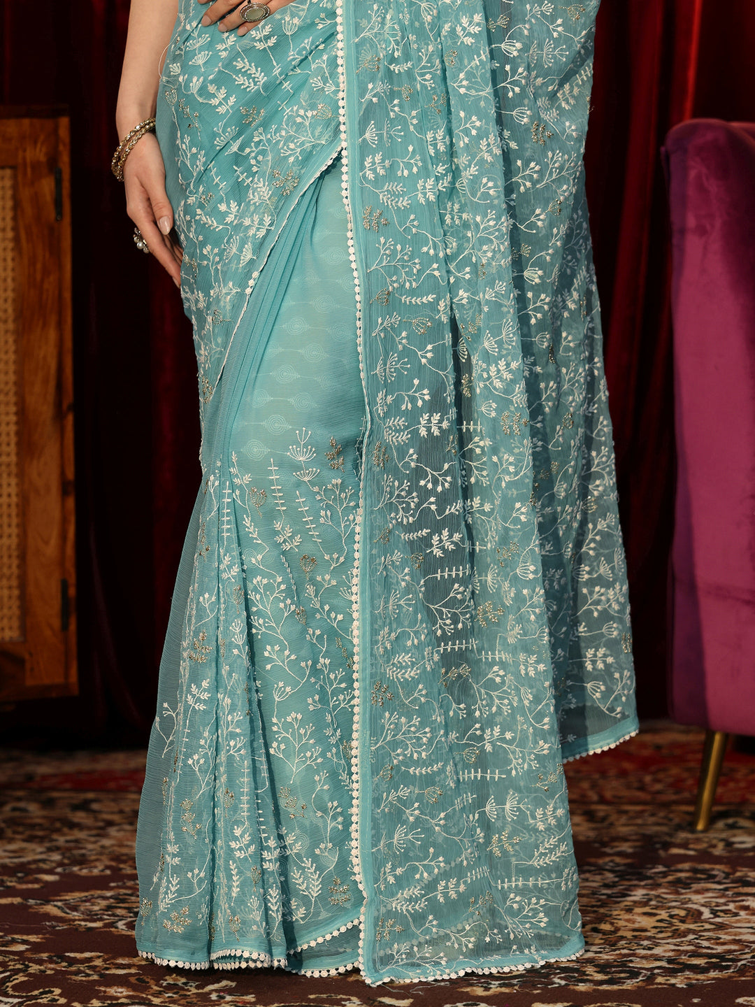 Libas Ocean Blue Floral Embroidered Chiffon Saree