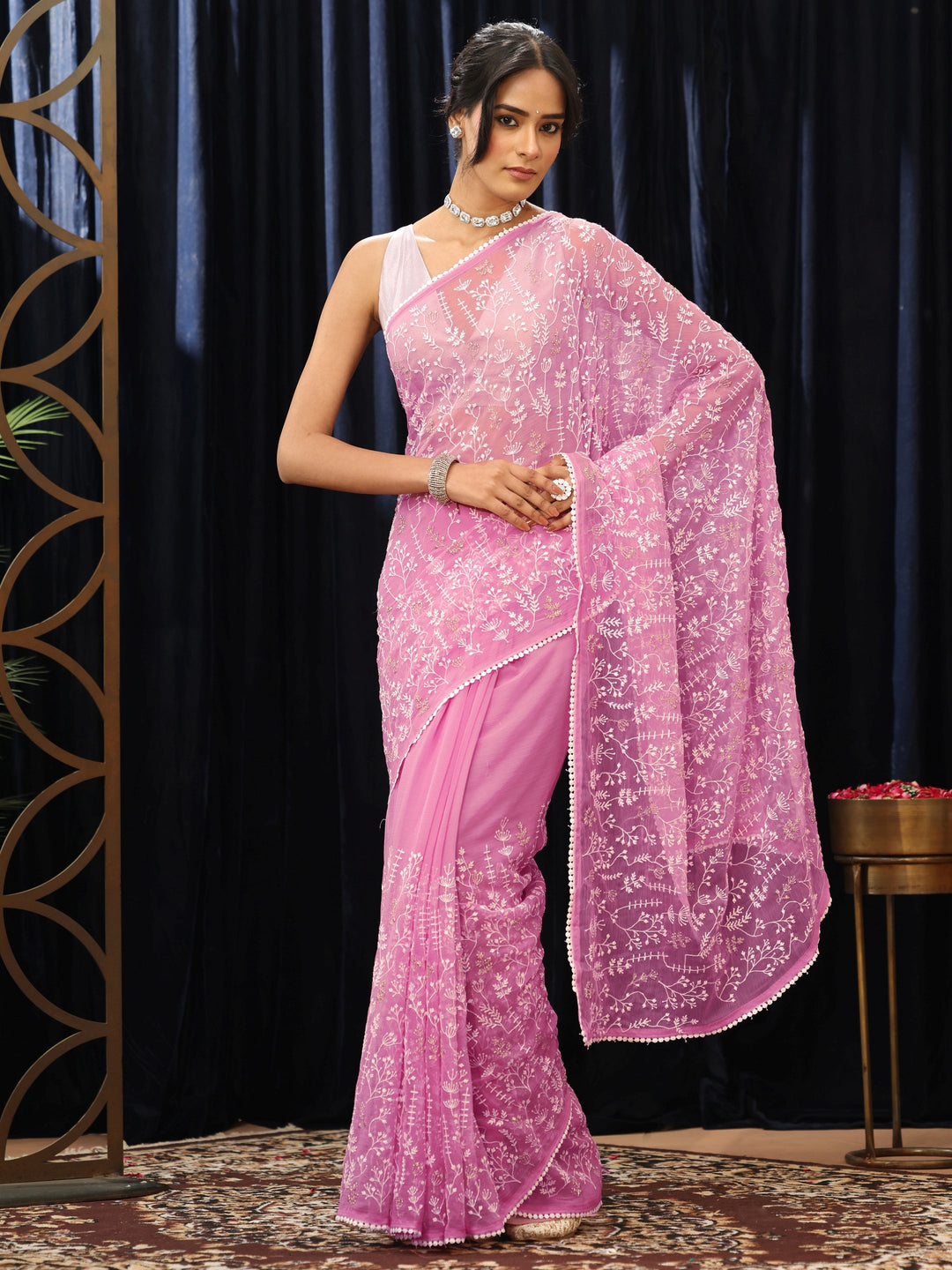 Libas Peony Pink Floral Embroidered Chiffon Saree