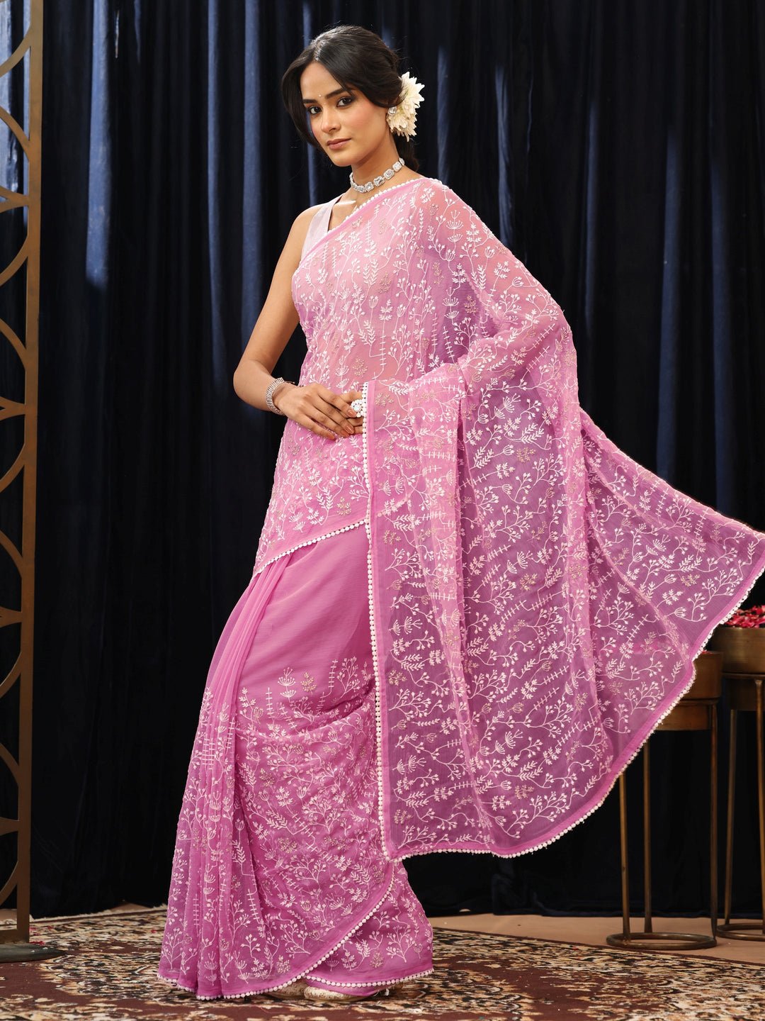 Libas Peony Pink Floral Embroidered Chiffon Saree