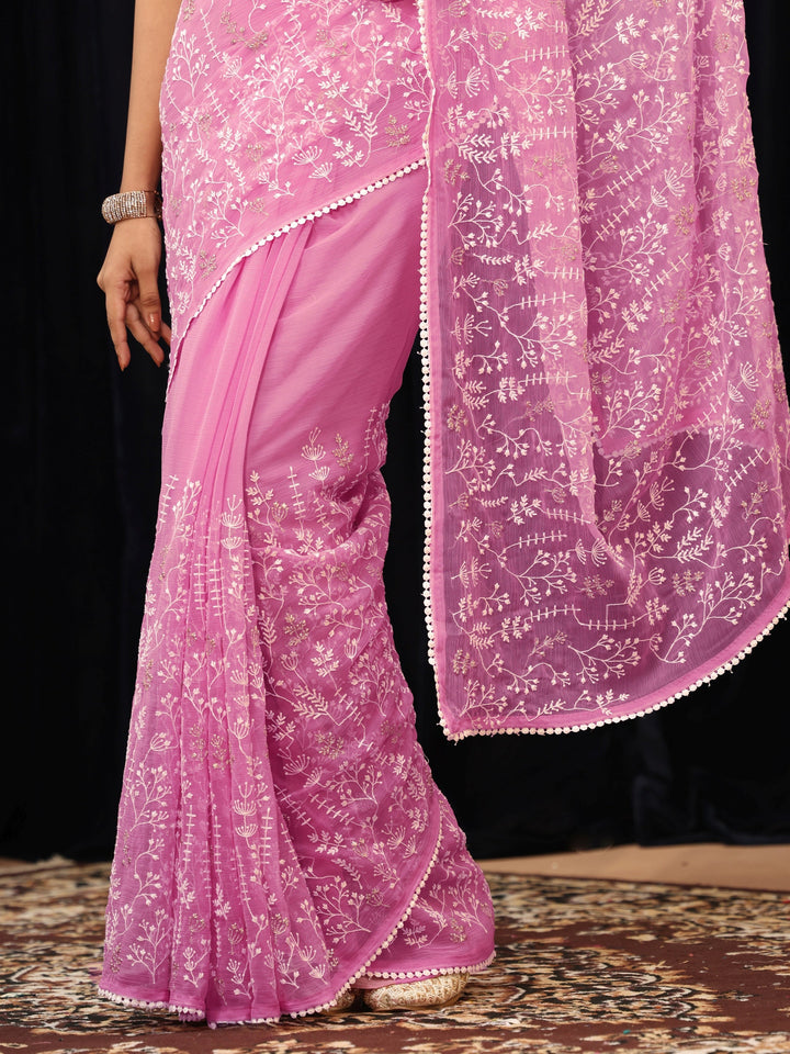 Libas Peony Pink Floral Embroidered Chiffon Saree