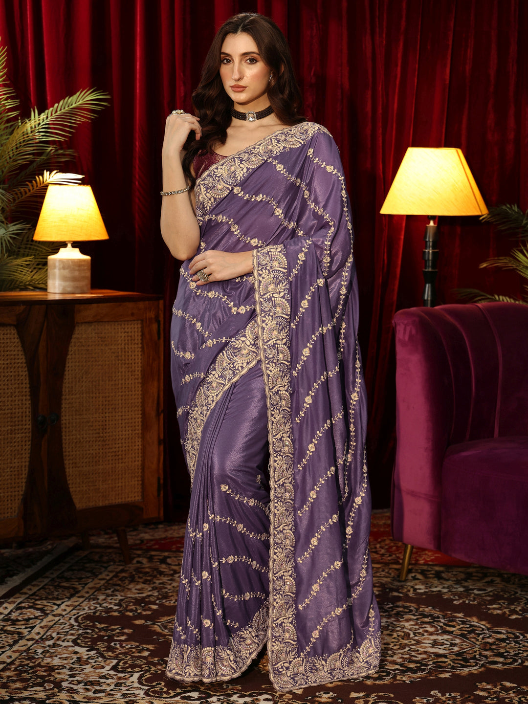 Libas Pansy Purple Floral Embroidered Satin Saree