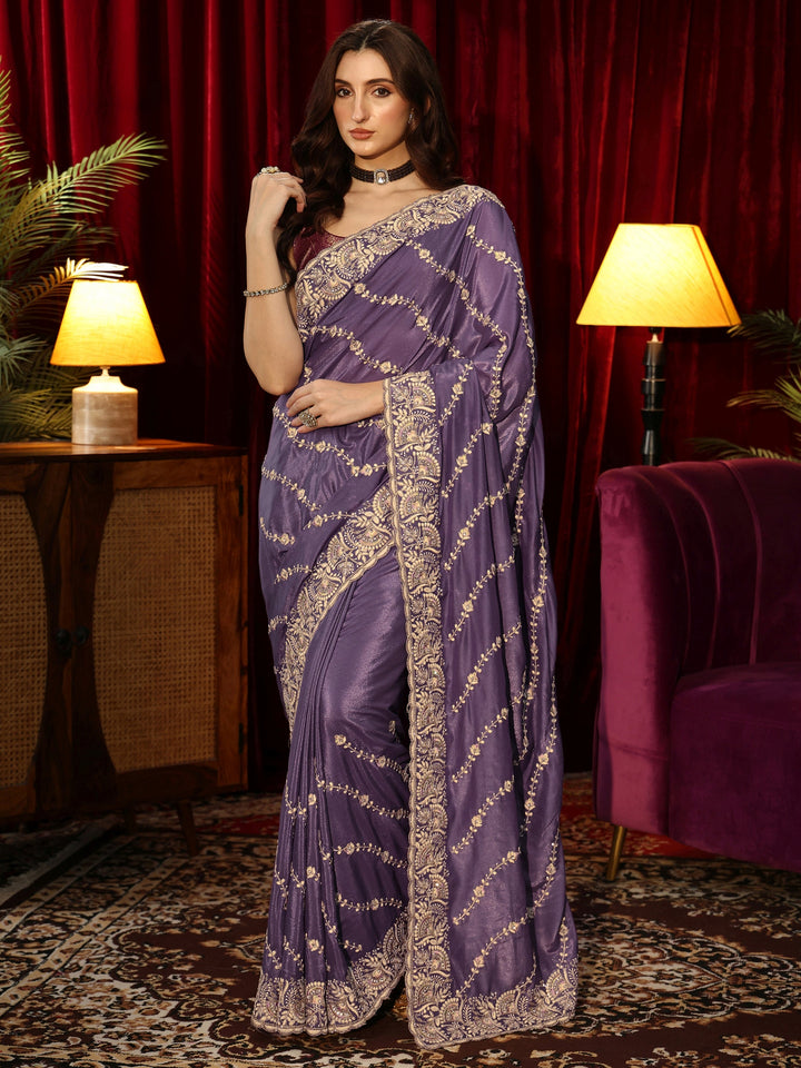 Libas Pansy Purple Floral Embroidered Satin Saree