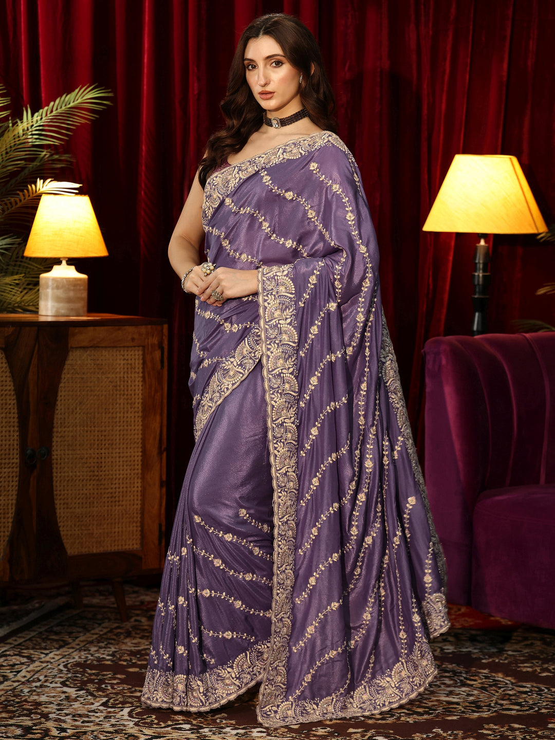 Libas Pansy Purple Floral Embroidered Satin Saree