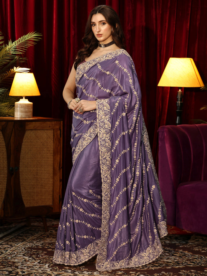 Libas Pansy Purple Floral Embroidered Satin Saree