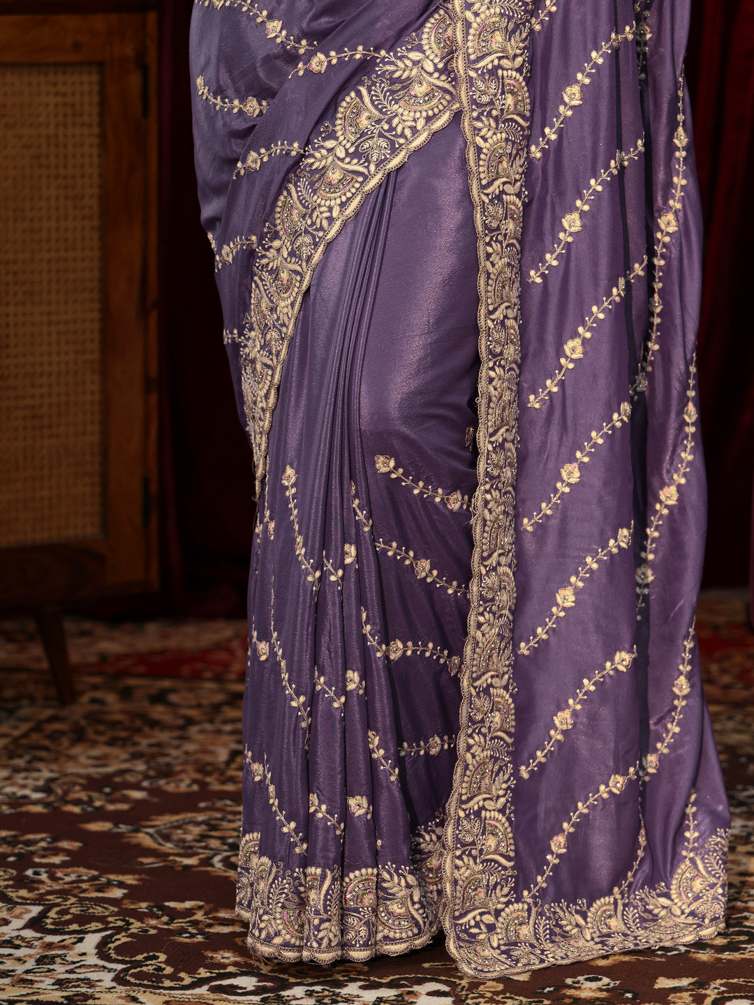 Libas Pansy Purple Floral Embroidered Satin Saree