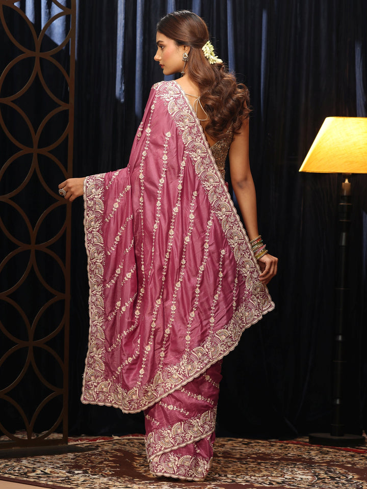 Libas Mauve Floral Embroidered Satin Saree