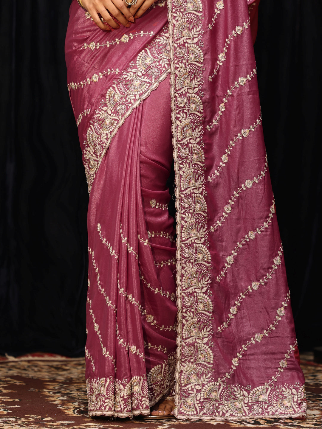 Libas Mauve Floral Embroidered Satin Saree